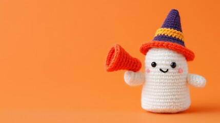 Top view of crochet Halloween ghost with witch hat holding megaphone on orange background with copy space