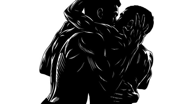 Passionate embrace of a male couple in a striking black and white silhouette illustration