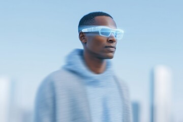 Man using smart glasses walking through minimalist cityscape with subtle holographic overlays