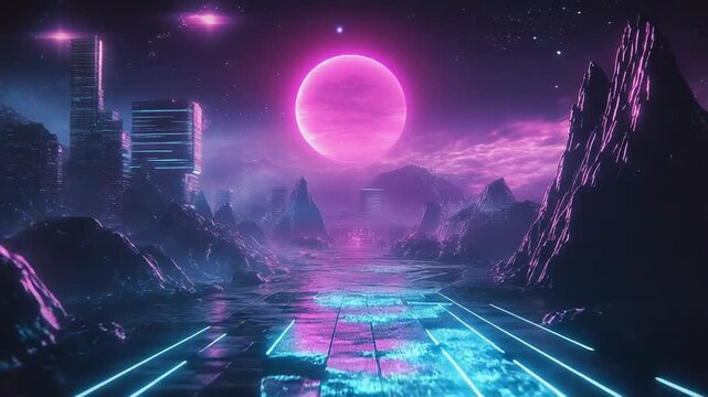 Retro synthwave cityscape with glowing neon lines