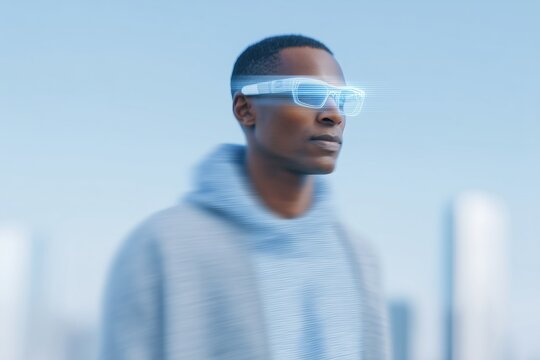 Man using smart glasses walking through minimalist cityscape with subtle holographic overlays