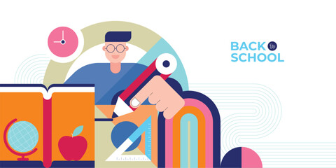 Trendy back to school geometric background with colorful design featuring kids, school supplies, and educational elements