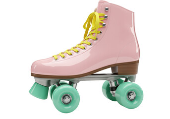 Isolated pink roller skate with yellow laces, vintage quad rollerskate for recreation, fun