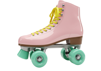 Isolated pink roller skate with yellow laces, vintage quad rollerskate for recreation, fun