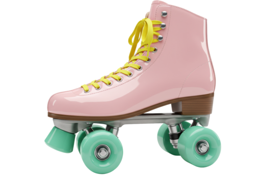 Isolated pink roller skate with yellow laces, vintage quad rollerskate for recreation, fun