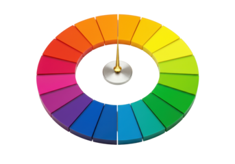 Isolated rainbow colored wheel with pinpointer, segments in circle, gradient from red to green