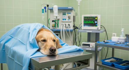 Canine patient recovering from surgery at veterinary clinic examination table