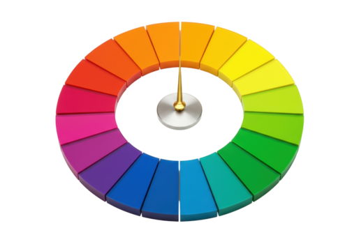 Isolated rainbow colored wheel with pinpointer, segments in circle, gradient from red to green