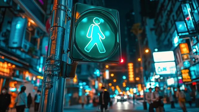 Nighttime pedestrian crossing in a vibrant Asian city street.  Possible use Stock photo for travel and tourism