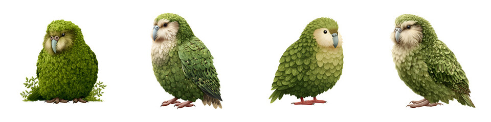 Kakapo Parrot Collection. Flightless Bird Portraits Isolated on White Background.
