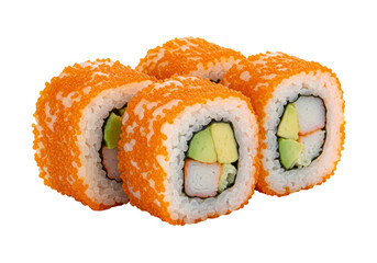 Isolated set of California sushi rolls with fish roe, avocado and crab, Asian food
