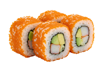 Isolated set of California sushi rolls with fish roe, avocado and crab, Asian food
