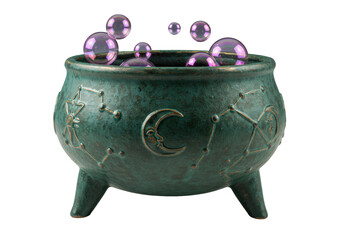 Isolated cauldron bowl with floating bubbles filled with potion magic for witches or wizards