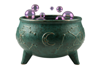 Isolated cauldron bowl with floating bubbles filled with potion magic for witches or wizards