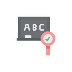 Flat Design Icon Of A Chalkboard With ABC Text And A Magnifying Glass With Check Mark Symbol Representing Education Learning And Research