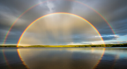 A stunning double rainbow arcs over a serene lake reflecting the vibrant colors in the water.