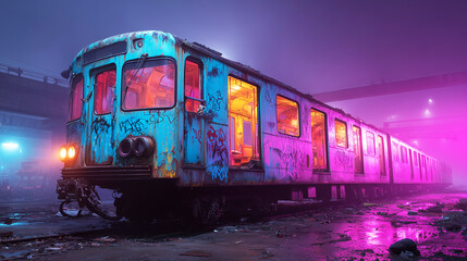 Obraz premium Abandoned train under neon lights, covered in graffiti, standing in the fog at night. 