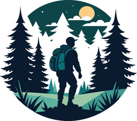 Hiker with backpack in the forest. Tourist vector illustration