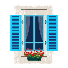 Mediterranean house window with shutters and balcony flowers is drawn in flat style and highlighted on  white background. traditional Greek window, detail of  traditional Greek house. stock vector