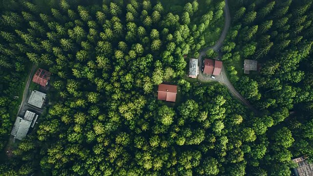 Forest houses and cabins in lush woodland landscape