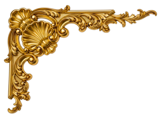 Four ornate golden decorative corner elements isolated on transparent background