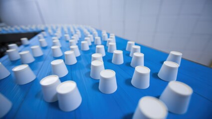 Fototapeta premium Industrial production line on a blue conveyor with white cups