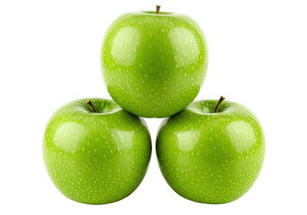Isolated still life of three green apples piled up, healthy food, produce, freshness