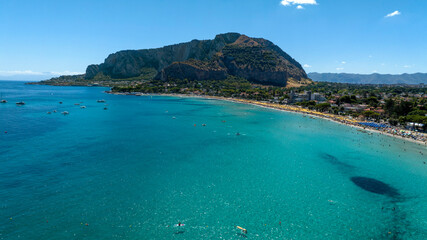 Aerial view of Pellegrino Mount, a mountain overlooking the Mediterranean Sea. It is located in Sicily, near Palermo, Italy.