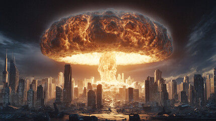 A massive mushroom cloud rises above a devastated city skyline as a fiery explosion engulfs skyscrapers, casting an ominous orange glow over rubble and smoking ruins.