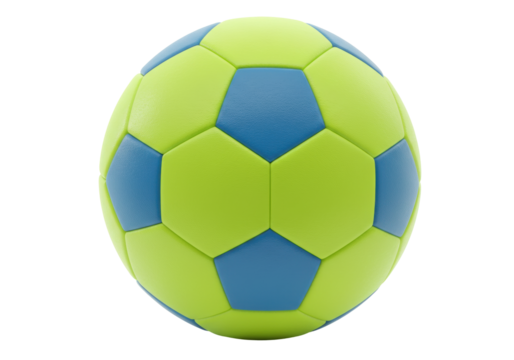 Isolated two-tone ball is designed with blue pentagons and light green hexagons for soccer play
