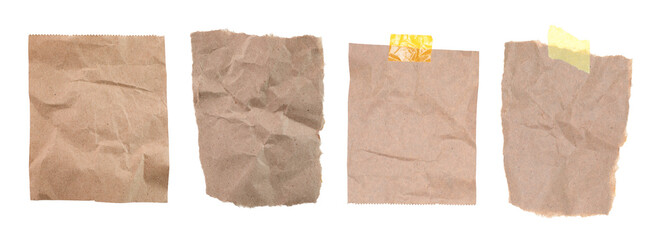 Set of wrinkled and ripped kraft paper sheets isolated on transparent background