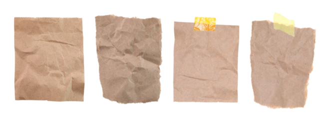 Set of wrinkled and ripped kraft paper sheets isolated on transparent background