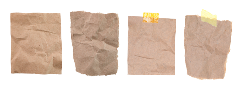 Set of wrinkled and ripped kraft paper sheets isolated on transparent background