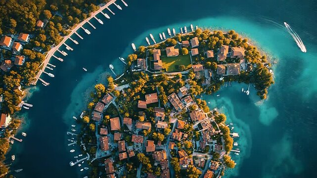 Aerial view of coastal town on peninsula surrounded by turquoise water