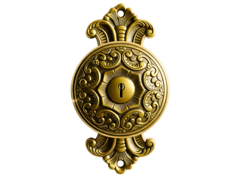 Ornate antique brass escutcheon with keyhole isolated on transparent background