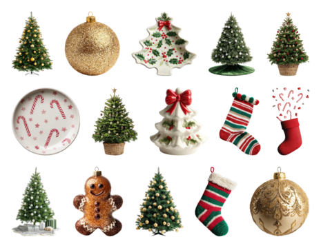 PNG Festive Christmas holiday decorations variety, element set on transparent background