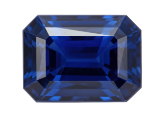 Isolated blue sapphire gemstone with an emerald cut reflecting light from facets of stone