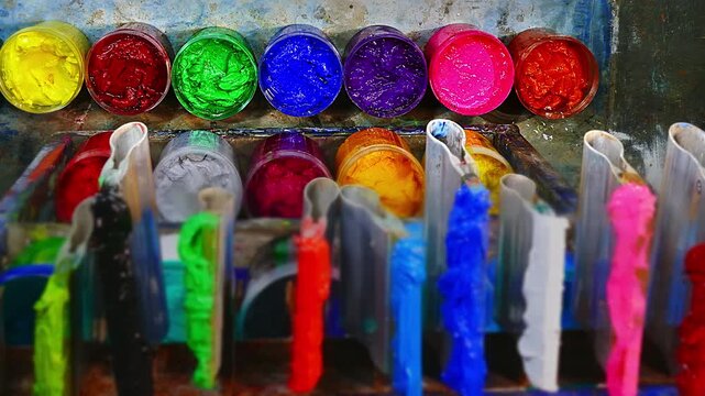 On a wooden workbench in a screen printing shop, several plastisol ink cans are open, revealing rich tones soft pastels, strong primaries, and deep shades. A wooden spoon and trowel rest nearby.