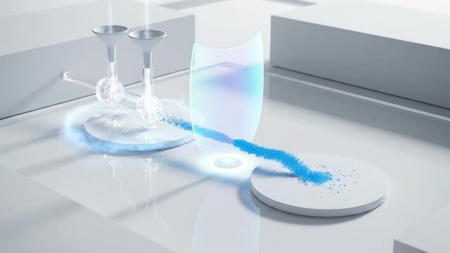 Data Pipeline to Lake/Lakehouse: funnels collect into a clear manifold that rebalances across twin pads on stylus nudge; a hovering governance shield mirrors softly, signaling policy-aware distributio