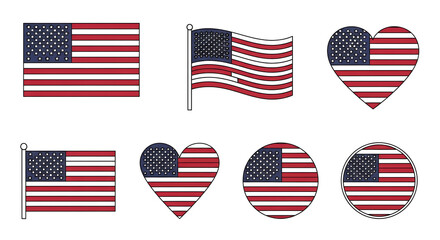 Various american flag designs including rectangle waving heart and circle shapes on a white background created with generated ai