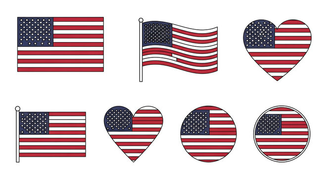 Various american flag designs including rectangle waving heart and circle shapes on a white background created with generated ai