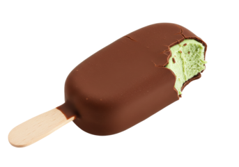 Isolated Mint Ice Cream Bar Bitten, Covered in Chocolate on Stick, Sweet Treat on the Go