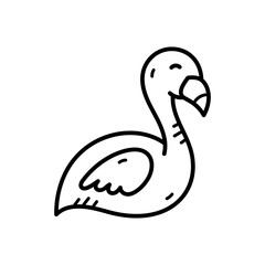 A charming black and white hand drawn doodle illustration of a flamingo outline with a happy expression on a transparent background for summer themes