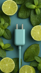 A mint-colored plug lies among limes and green leaves, creating a fresh tech-inspired composition.

