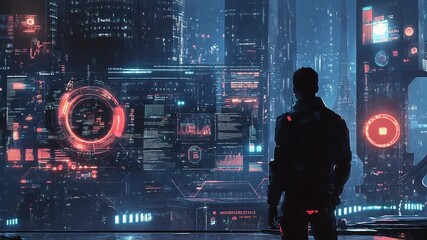 Person observing futuristic city with digital holographic interface - Powered by Adobe