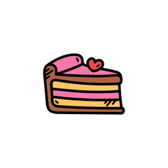 A Chocolate Cake Slice With Pink Frosting And A Heart Shaped Cherry On Top Isolated On A White Background Doodle Art Style