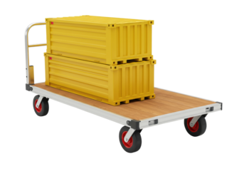 Isolated stack of yellow cargo containers sitting on a metal platform trolley, ready to ship