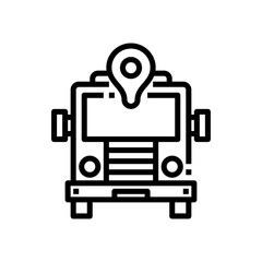 Front view black line art icon of a bus with a location pin marker on top against a transparent background indicating travel and navigation