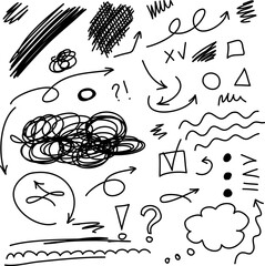 Charcoal hand drawn pencil arrows, scribbles and circle boxes. Doodle curved chalk darts. Texture design elements of scribble lines. Vector illustration of hand painted crayon check lines