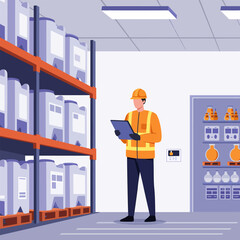 Warehouse worker in safety vest and hard hat inspecting inventory on shelves.